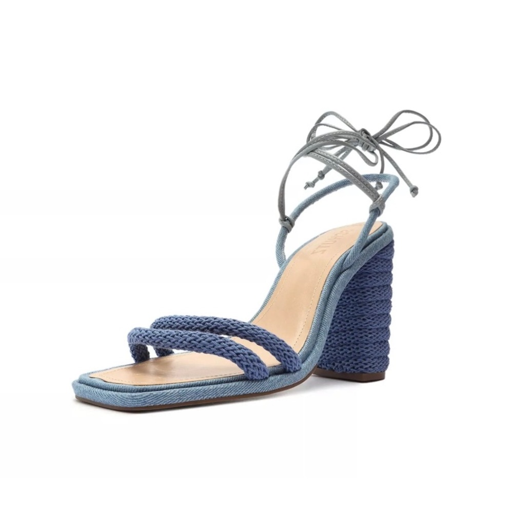 Schutz Leenah Denim Wraparound Lace Up Open Toe Block High Heel Sandals size 5